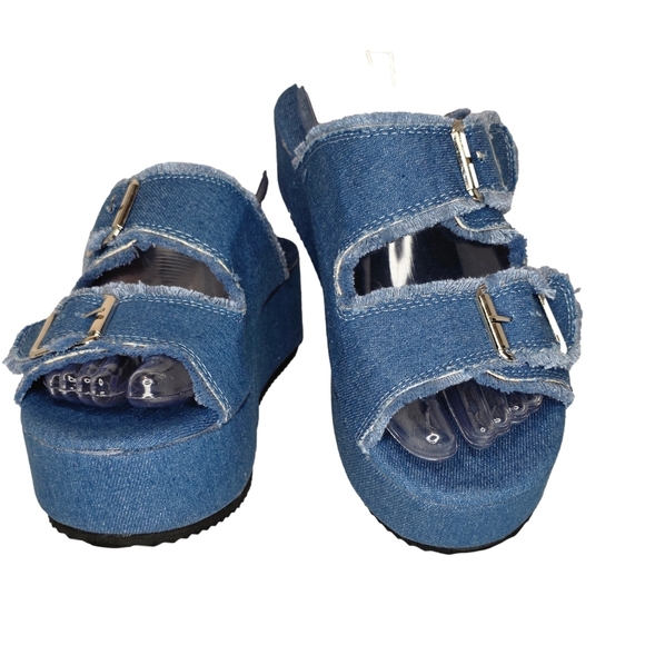 Summer Buckle Strap Denim Slip on Wedge Sandals, Women's Size 38/7.5US - Picture 2 of 9